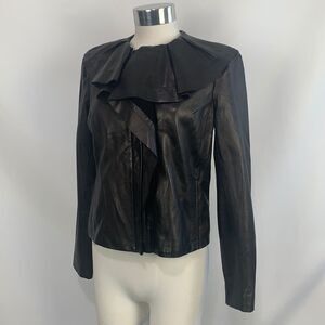 Diane Von Furstenberg black leather with pleated collar jacket